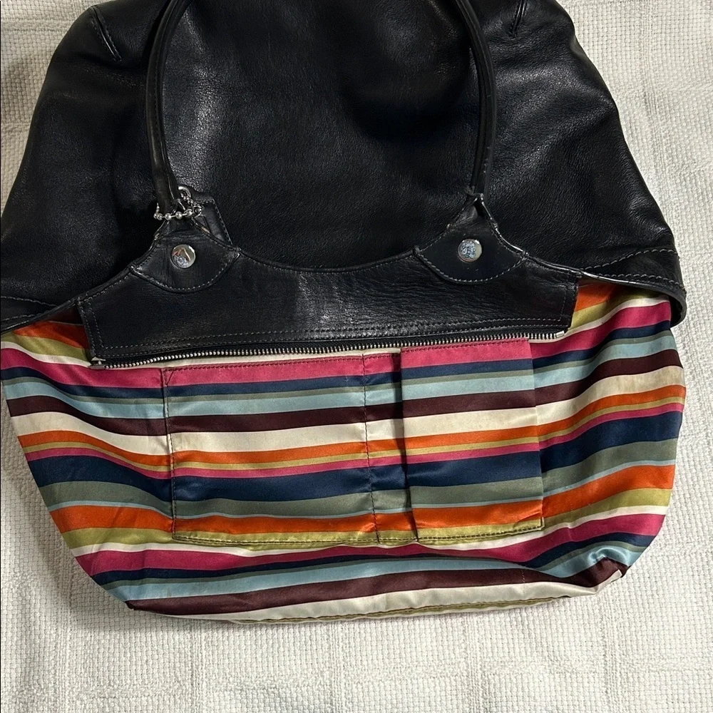 Coach F14383 Bleeker Black Leather Tote with Colorful Striped Interior